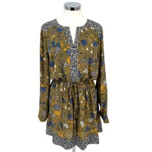 DR2 Floral Peasant Long Sleeve Dress Olive Green Blue Size Large NWT